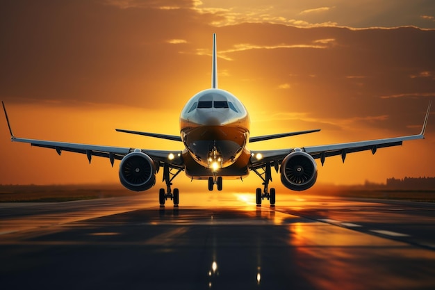 Large jetliner taking off from airport runway at sunset or dawn with landing gear down