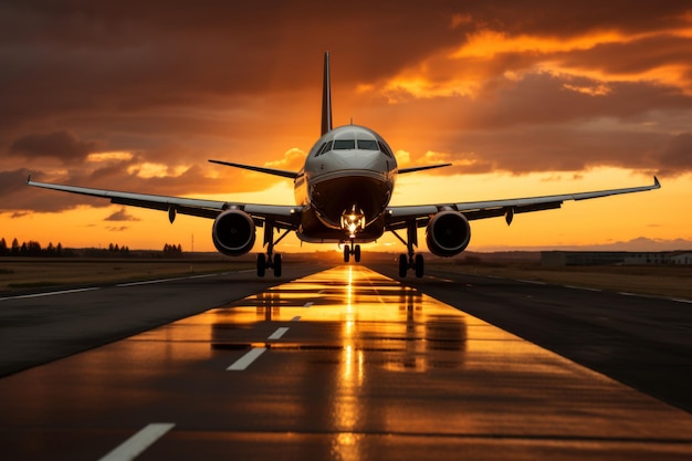 Large jetliner with landing gear down taking off from airport runway during sunset