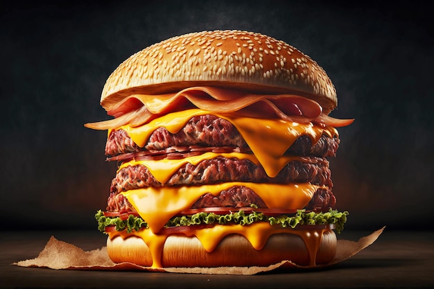 Large juicy burger with three beef cutlets and layers of melted cheese