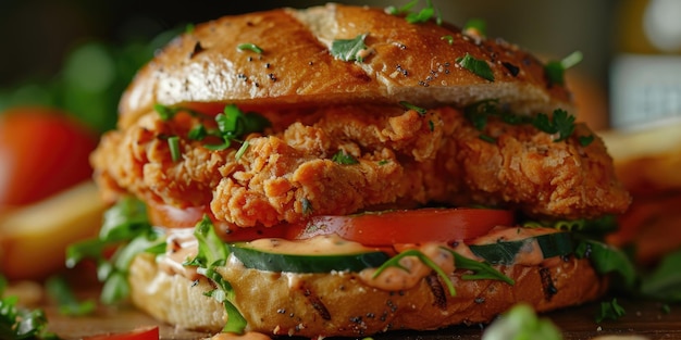 A large juicy chicken sandwich with lettuce tomato and cucumber