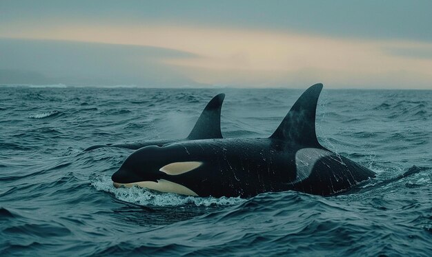 a large killer whale is swimming in the ocean