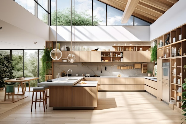 A large kitchen with a large island with and a large window with a view of the outdoors