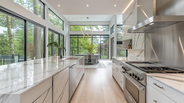 A large kitchen with a white marble countertop and stainless steel appliances