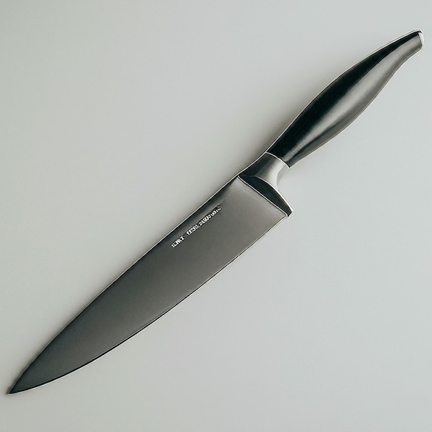 a large knife with a black handle is laying on a white surface