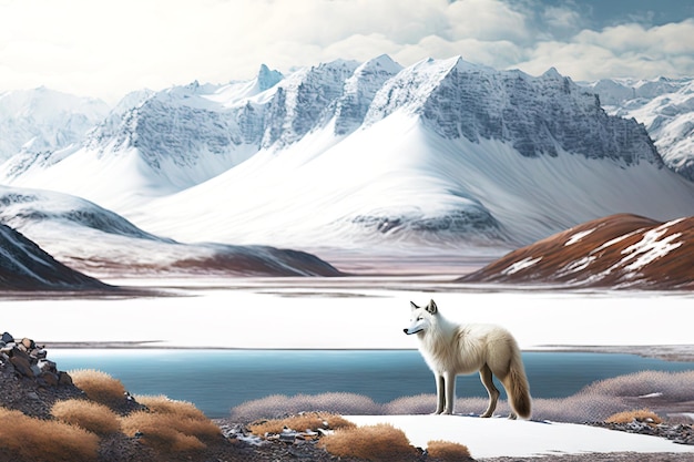 Large landscape with snowcovered mountains and arctic fox