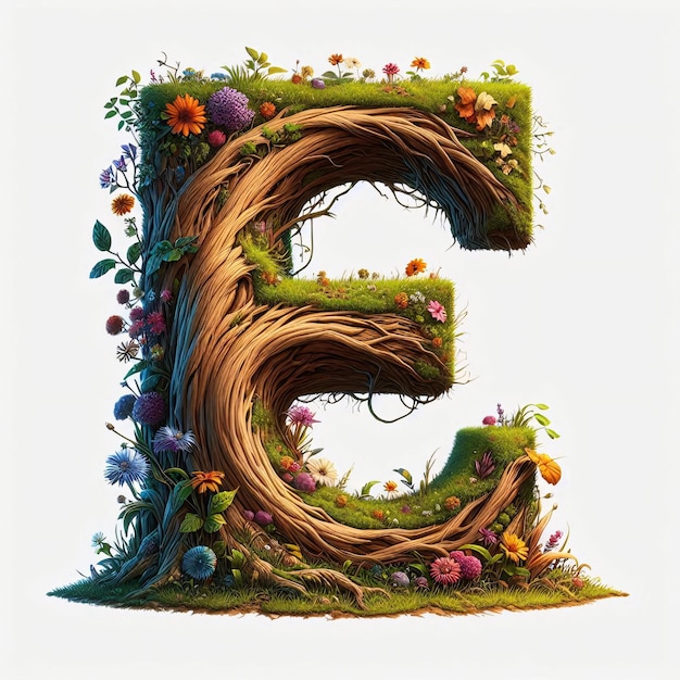 a large letter E is painted in a circle of flowers and tree