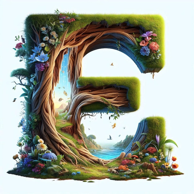 a large letter E is painted in a circle of flowers and tree