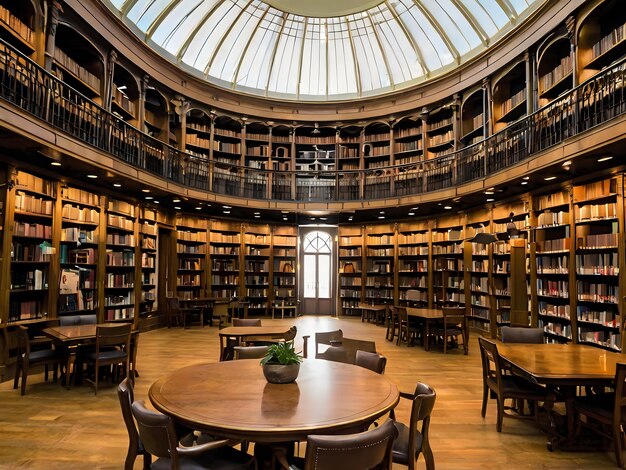 a large library with a large wooden table and chairs with a plant on the top