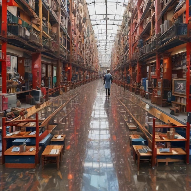 Photo a large library with a man walking through it