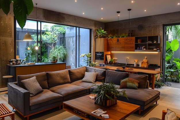 Large living room midcentury with light brown sofa wooden and concrete walls