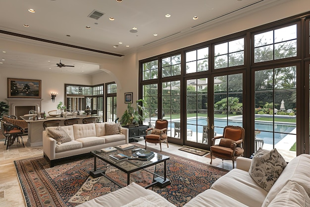 A large living room with a fireplace a kitchen and a pool The room is filled with furniture includin