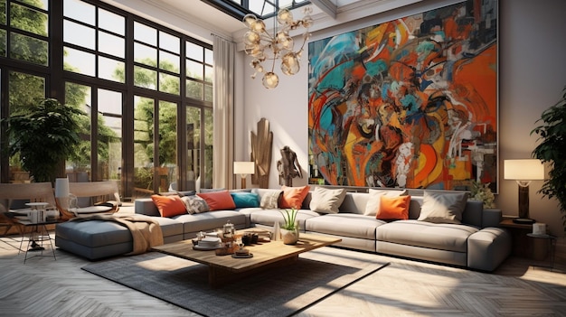 a large living room with a large painting on the wall