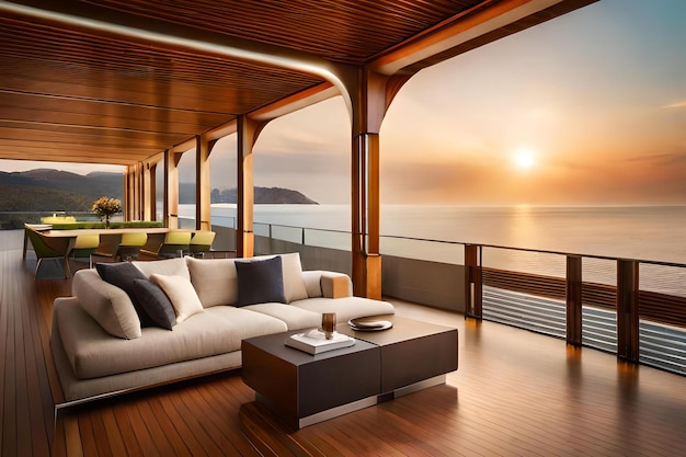 A large living room with a large wall mural that says sunset on it.