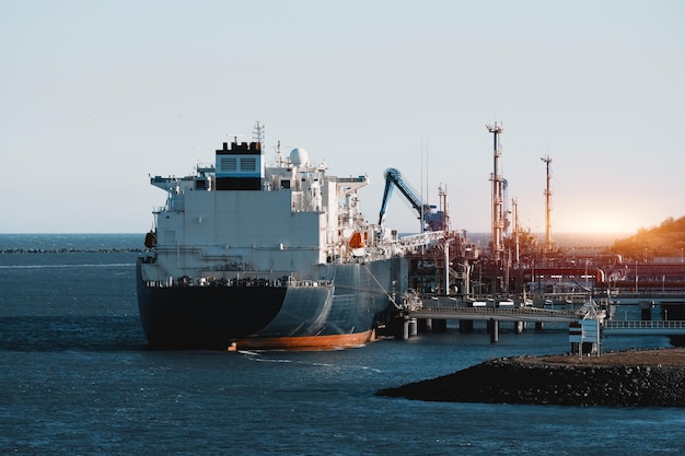 Large LNG Tanker Carrier During Cargo Operations At The Offshore Gas Terminal