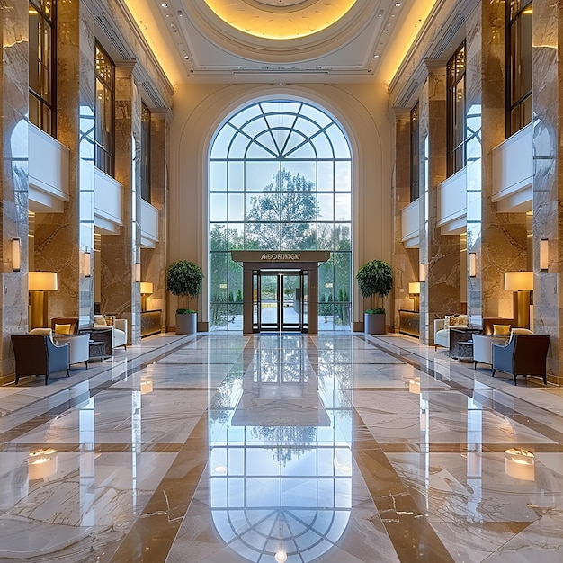 Photo a large lobby with a large glass window that says  the lobby