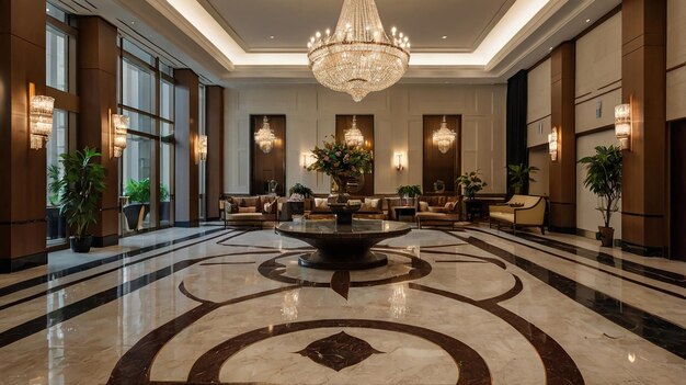 a large lobby with a large vase with flowers on the table