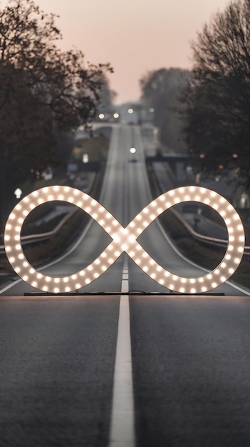 Large luminous sign in form of infinity sign indicating endless of road