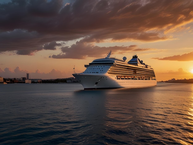 Large luxurious cruise ship sailing in the sea on a sunny evening