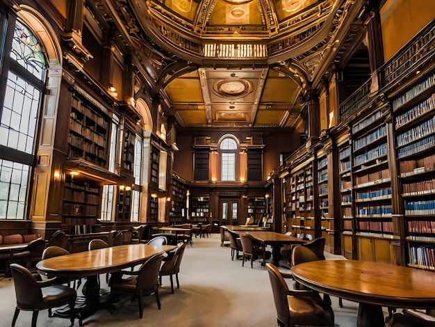 A large and luxurious library with tables and chairs with a large fireplace in the center