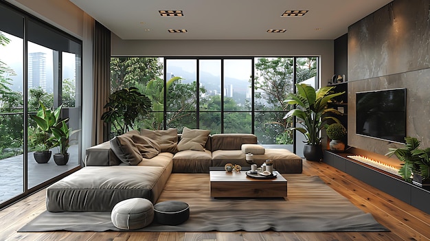 Large luxury modern interior of living room