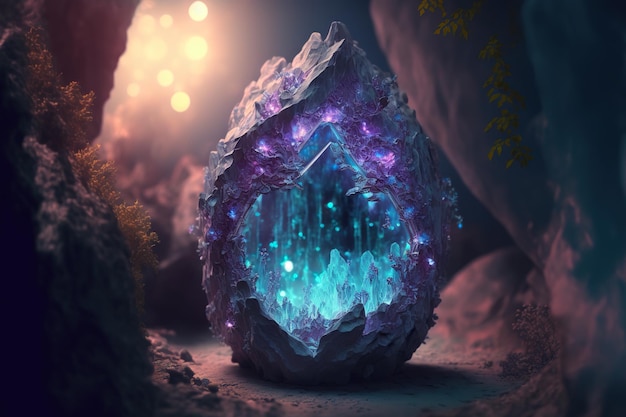 Large Magic Amethyst magic Crystal glows in the dark in the forest