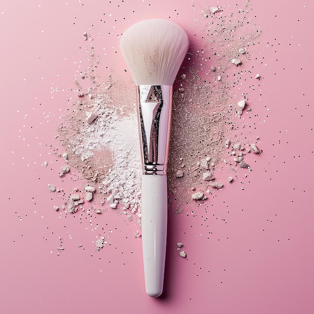 Photo a large makeup brush with powder and glitter on a pink background the brush has white bristles lie