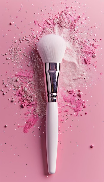 Photo a large makeup brush with powder and glitter on a pink background