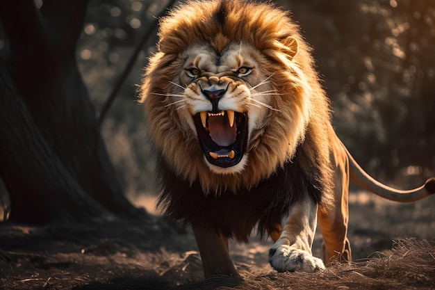 A large male lion roared showing sharp teeth