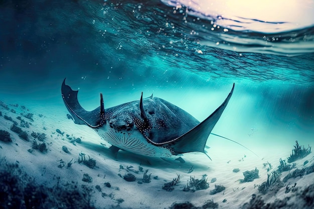 Large manta ray crawling on seabed in ocean