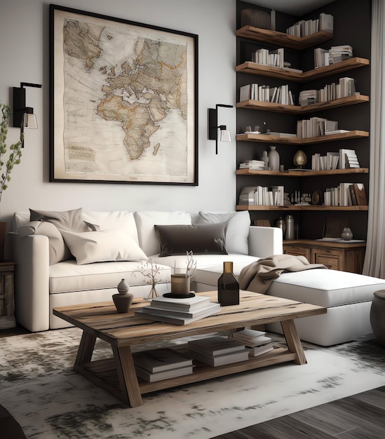 A large map of the world is on a wall above a couch.