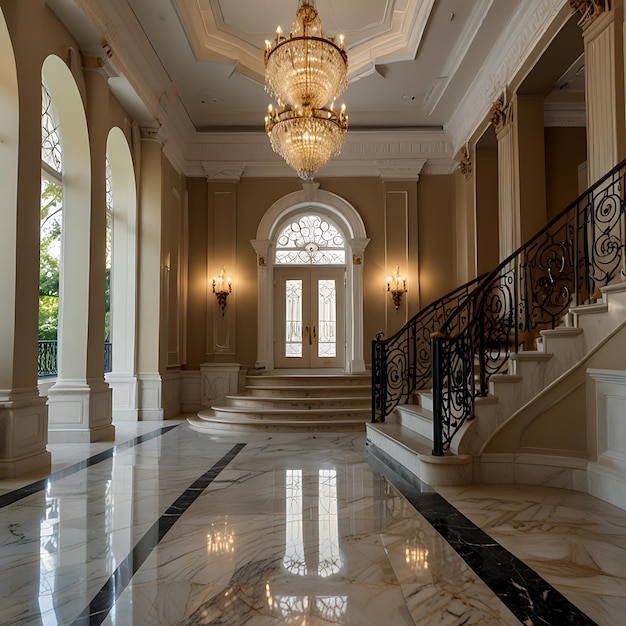 Photo a large marble floor with a chandelier and a black staircase