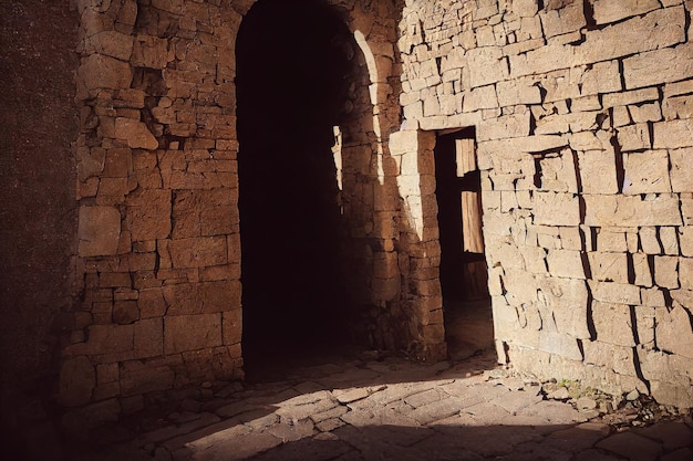 Large medieval door in shade in grey stone wall