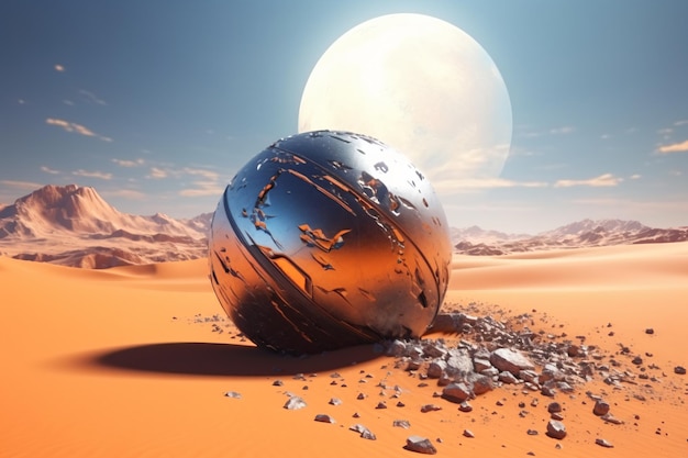 a large metal ball in the middle of a desert