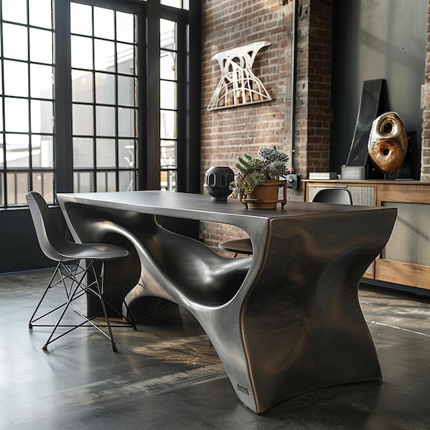 a large metal chair sits in a room with a brick wall and a brick wall