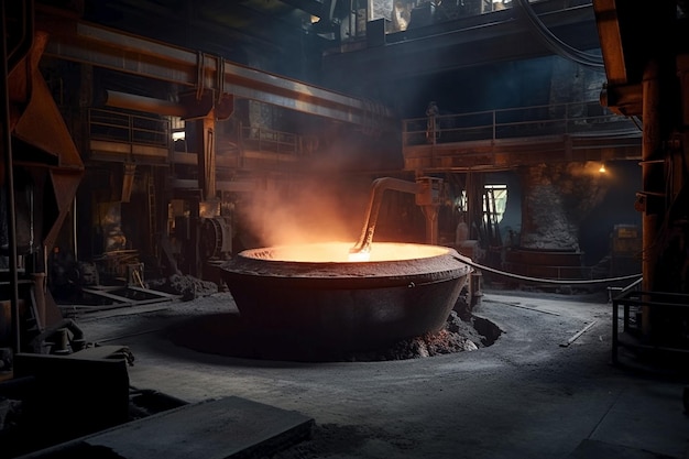 A large metal furnace in a factory with a man standing in front of it.