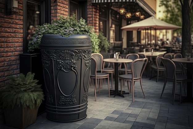 Large metal garbage can behind restaurant for fast cleaning of premises