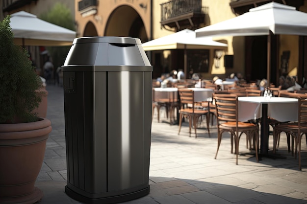 Large metal garbage can behind restaurant for fast cleaning of premises