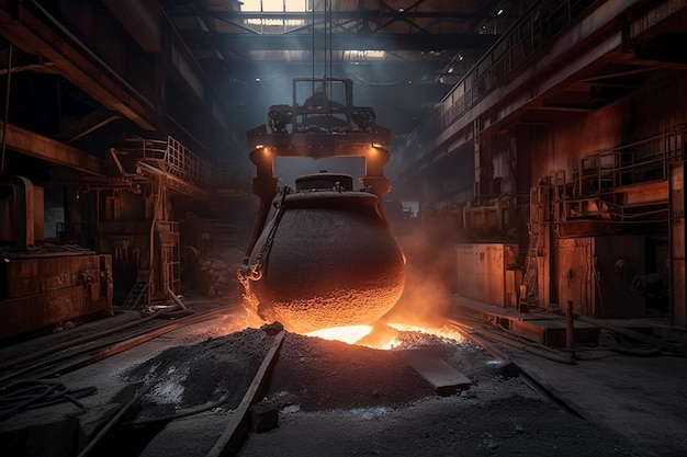 A large metal object is being cast in a steel factory.