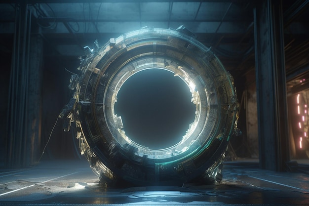 A large metal object with a glowing circle in the center.