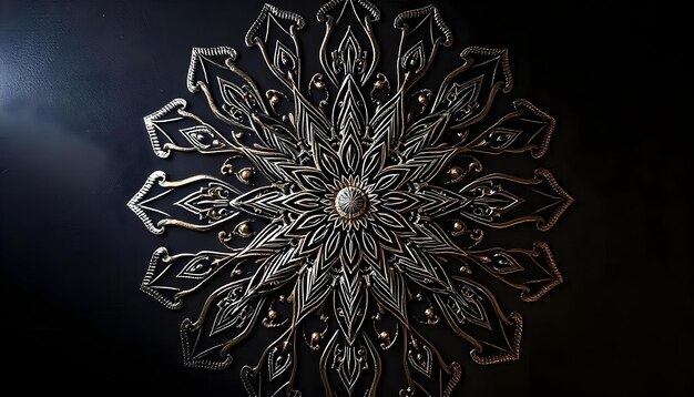 a large metal piece of art with a flower on it