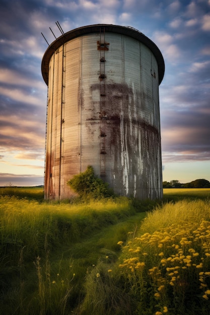 Large metal water tower sitting in field of grass Generative AI