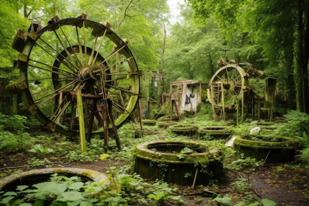 a large metal wheels in a forest