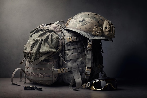 Large military backpack with soldiers helmet and uniform on gray background created with generative