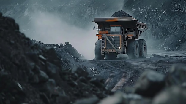 Large Mining Truck Hauling Coal in a Dusty Open Pit Mine Photo