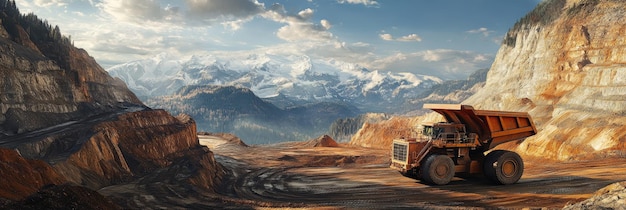 Photo a large mining truck is parked in a quarry with a mountain range in the background the truck