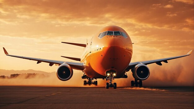 Large modern airplane taking off from the runway orange setting sun on the background