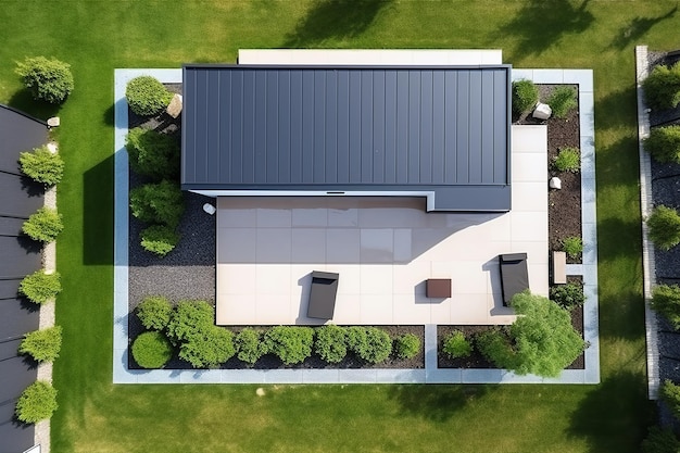 Large modern cottage aerial view terrace landscape design shrubs trees natural stone minimalism style