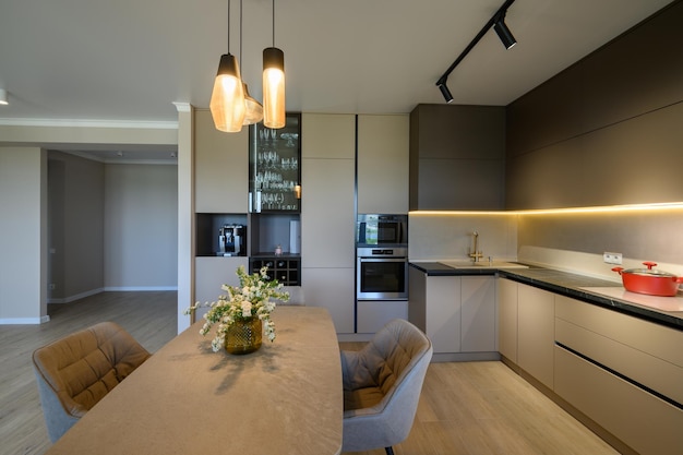 Large modern grey luxurious kitchen and dining room in studio apartment