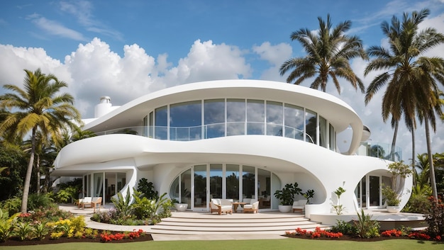 of a large modern house with a curved white exterior and lots of glass windows It has a tropical