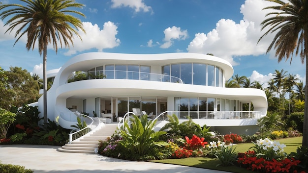 of a large modern house with a curved white exterior and lots of glass windows It has a tropical